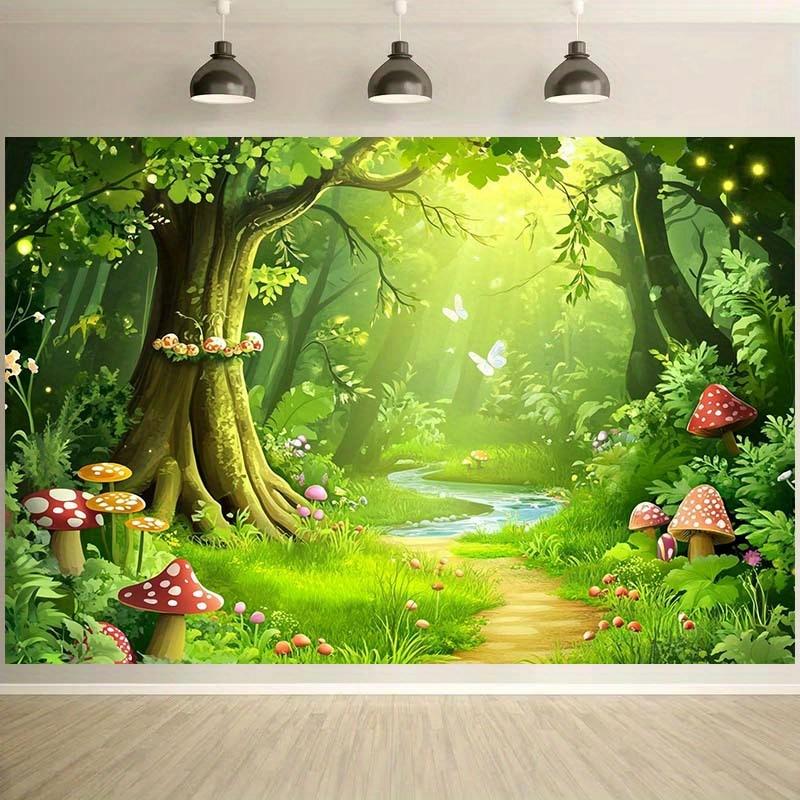 2D flat 1pc fairy tale forest-themed polyester background fabric, full of vibrant forest landscape,suitable for birthday parties 130x150cm