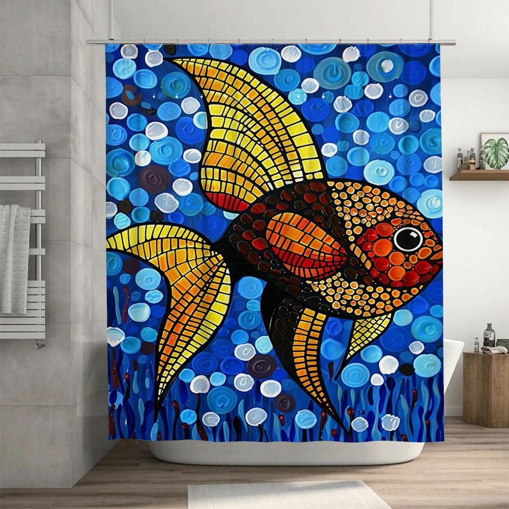 Artistic Fish Pattern Shower Curtain Blue Tiled Design for Bathrooms Decor DIY Home Improvement Projects