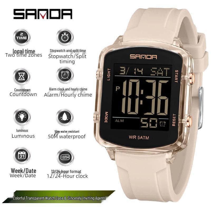 Sanda Dual Time Waterproof Transparent Sports Wristwatch with Colorful Single Display and Student Timer Function