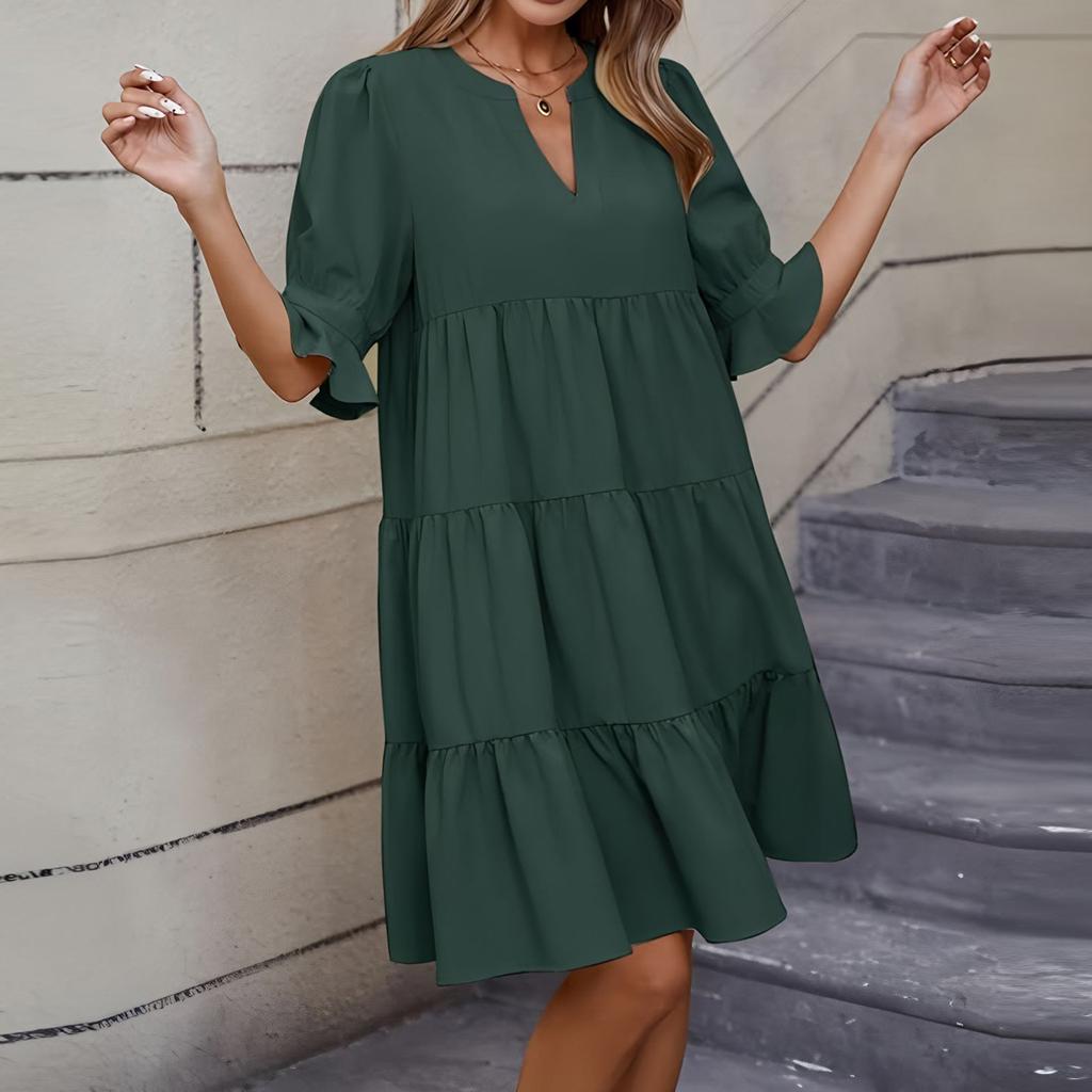 Women's Fashion Casual Slim Middle Sleeve V-Neck Ruffle Dresses