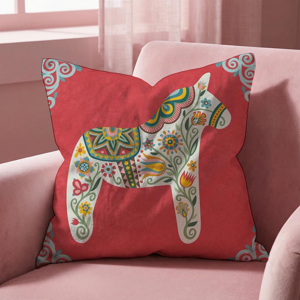 Dala Horse Print Cushion Cover Multi-Scene Pillow Cover for Home & Car - Reversible, Soft & Durable for Daily Use