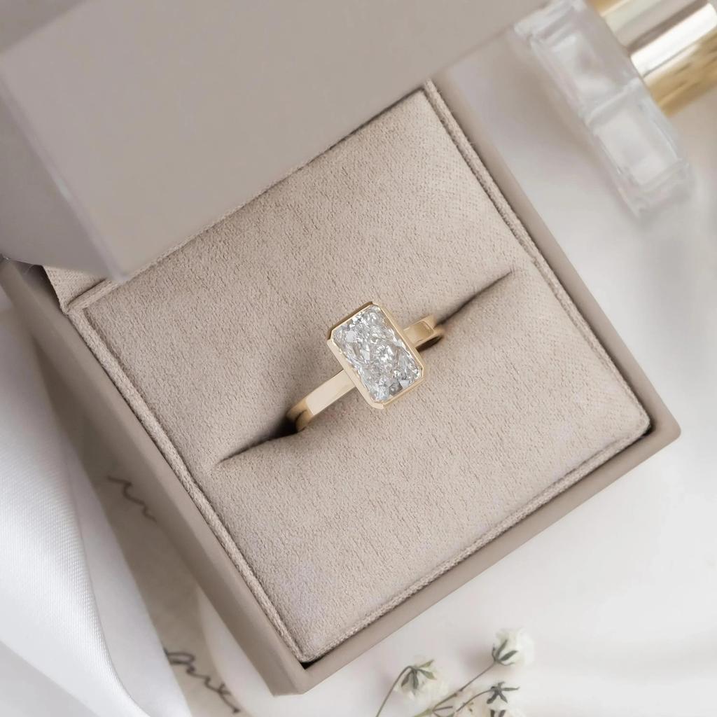 Emerald Cut Cubic Zirconia Ring: Yellow Gold Plated Bezel Set Wide Band: CZ Solitaire Bridal Wedding Jewelry Gift for women