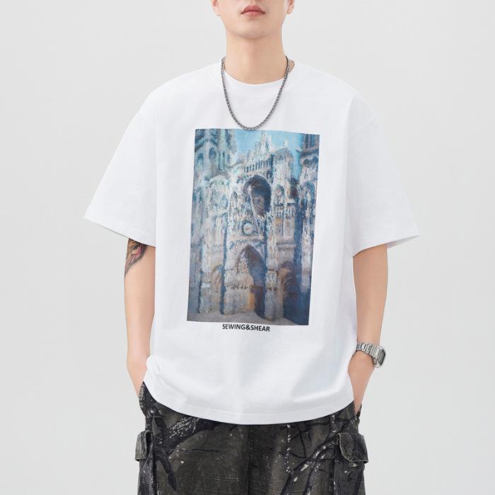 Summer Heavy 300g Embroidered Short-sleeved T-shirt for Men's American Loose Japanese Casual T-shirt