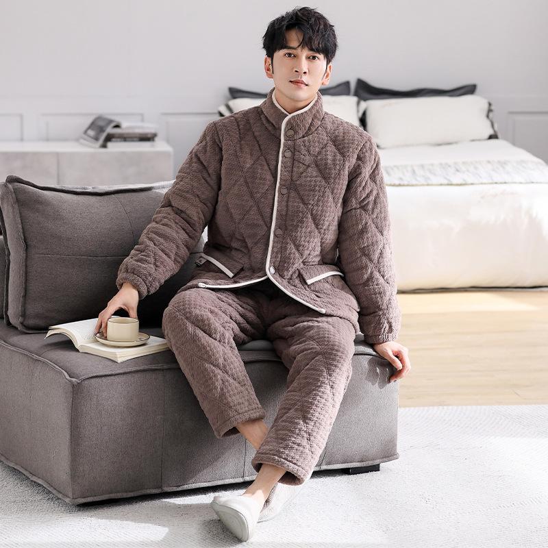Coral Fleece Pajamas Men'S Autumn And Winter Thickened Fleece Three-Layer Padded Suit Winter Flannel Thermal Loungewear