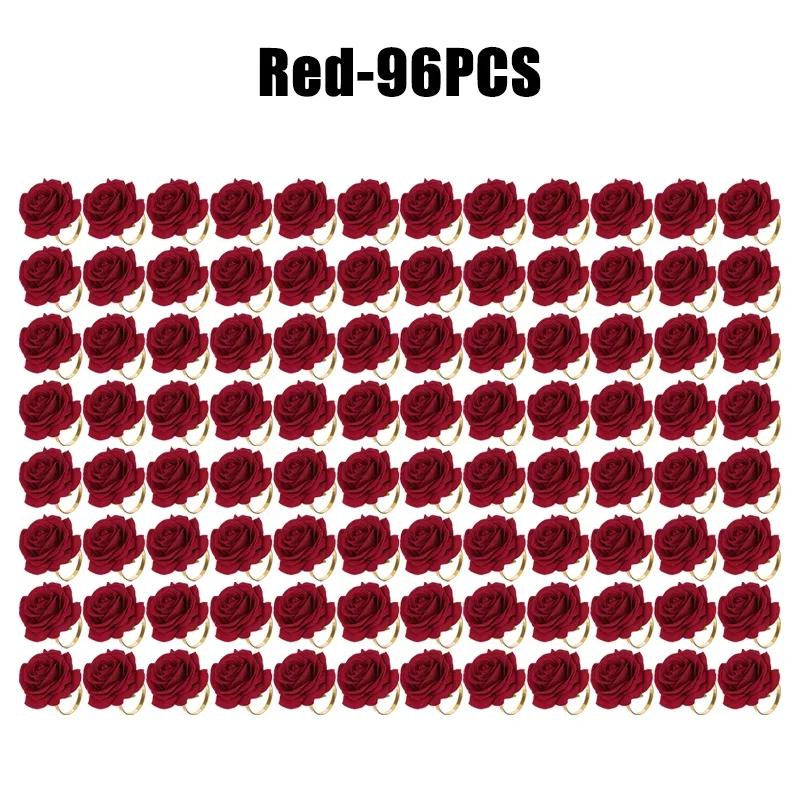 Rose Gold Napkin Rings 96Pcs Red Flower Wedding Decor Valentine Christmas Birthday Banquet Tableware Holder Set