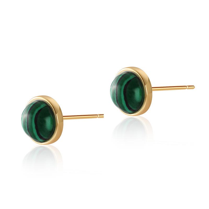 Gold Plated Stainless Steel Round Synthetic Turquoise Bezel Set Stud Earrings