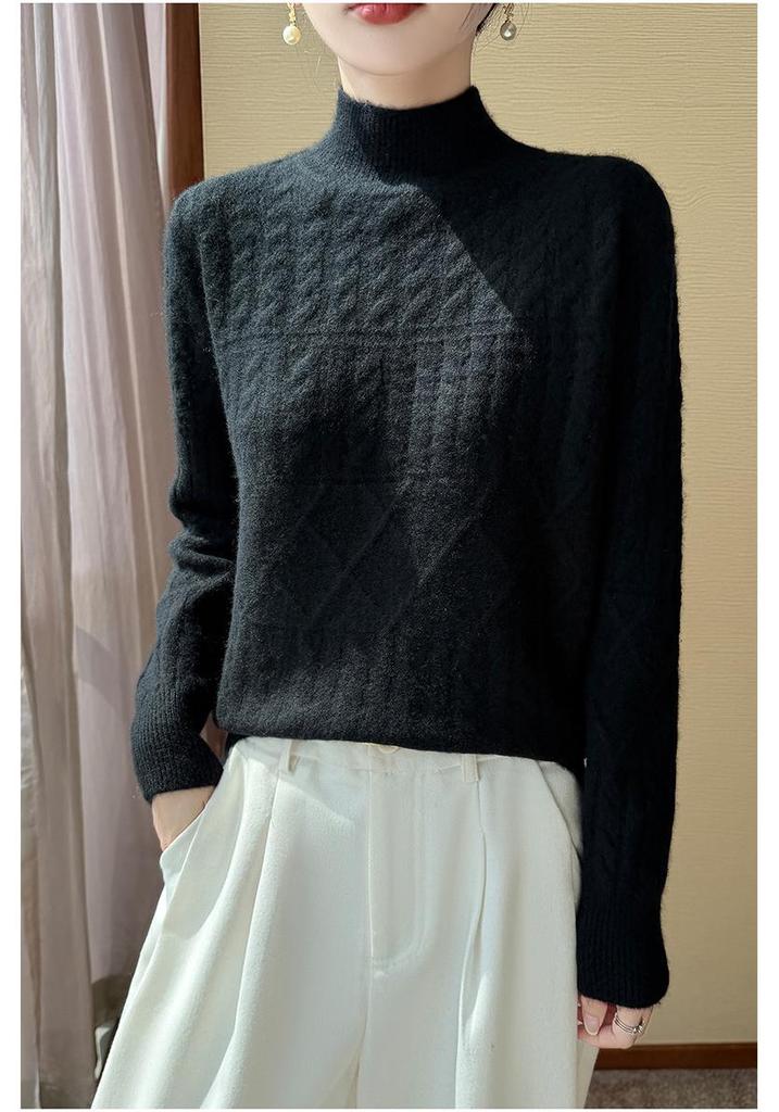 Autumn/Winter Women's Pure Wool Half High Neck Cable Knit Loose Sweater