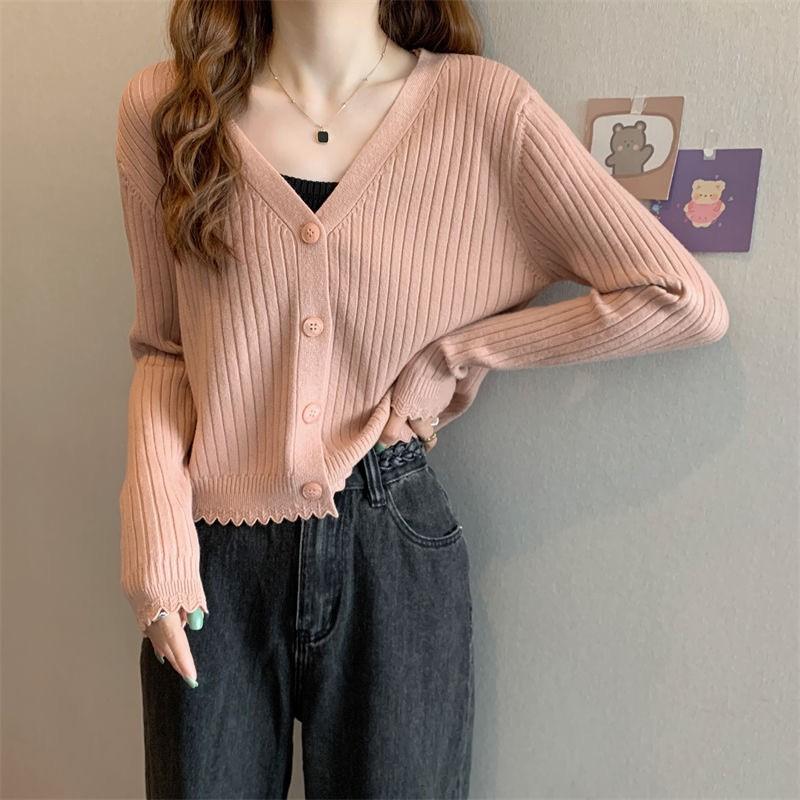 Womens V-Neck Ribbed Knit Cardigan Long Sleeve Slim Fit Outerwear Top Casual Korean Style