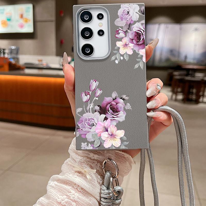 

Для Samsung S25 Ultra S24 FE S23 S22 A16 A56 A36 A55 A26 A35 чехол с цветочным узором тонкий противоударный матовый кожаный чехол с текстурой из ТПУ с мягким шнурком для телефона Samsung A56 5G фиолетовый/серый