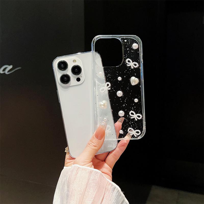 Wind Transparent Epoxy Mobile Phone Case For Apple 17Promax Pearl 16Plus Silver Foil Bow Love