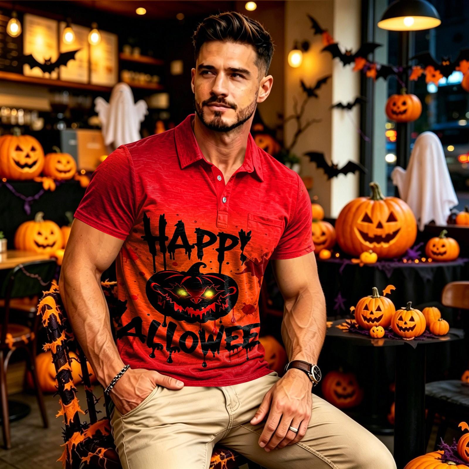 Men s Long Sleeve Quick Dry Golf Shirt with Pocket, Halloween Print L
