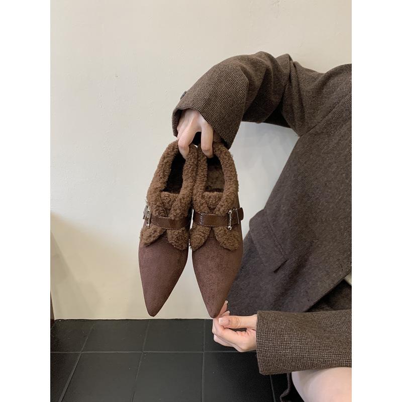 

2025 new winter heightening suede pointed head belt buckle slope heel plush shoes women 39 темно-коричневого