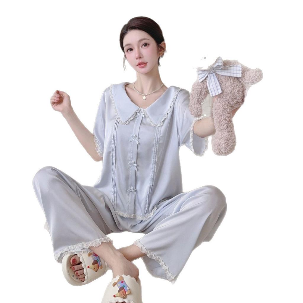 1011 New Pajamas Women's Summer Ice Silk Short-sleeved Trousers Set Unique and Beautiful Korean Girl Loungewear