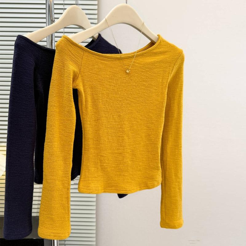 Real shot diagonal neck off-the-shoulder long-sleeved T-shirt women's early autumn slim-fit bottoming shirt with a solid-color top inside