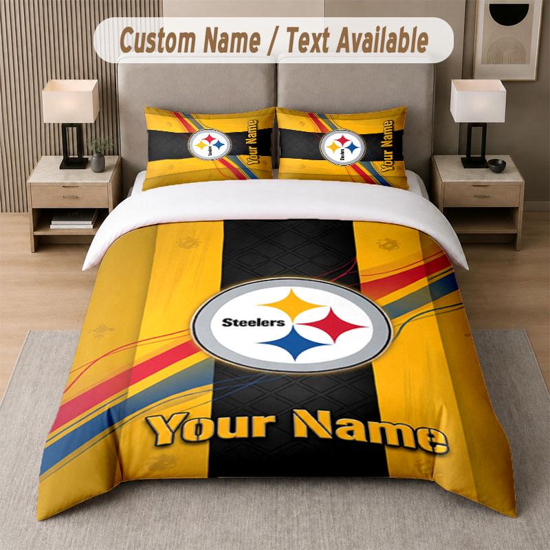 Custom Bedding Set Pittsburgh Steelers Pattern, Print Name Text 1 Duvet Cover Plus 2 Pillowcases Home Textile