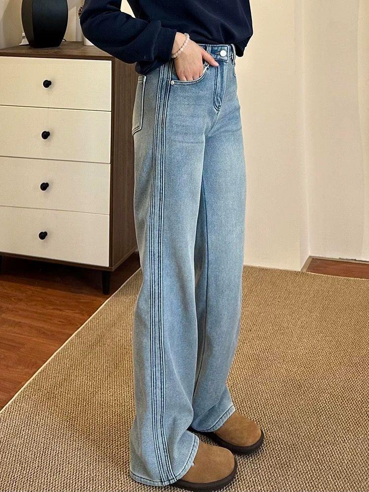 Women's Designer Light Blue High-Waisted Slim Straight Jeans - 2025 Autumn Versatile Floor-Length Wide Leg Pants