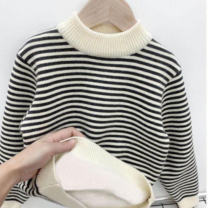 Boys' Fleece Pullover Fall and Winter Children's Casual Striped Knit Base Sweater