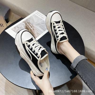 Thick-bottomed Bag Head Half Slippers Women's Summer Wear New Muffin Bottom Height Increase Casual Lazy Half Tray Canvas Slippers