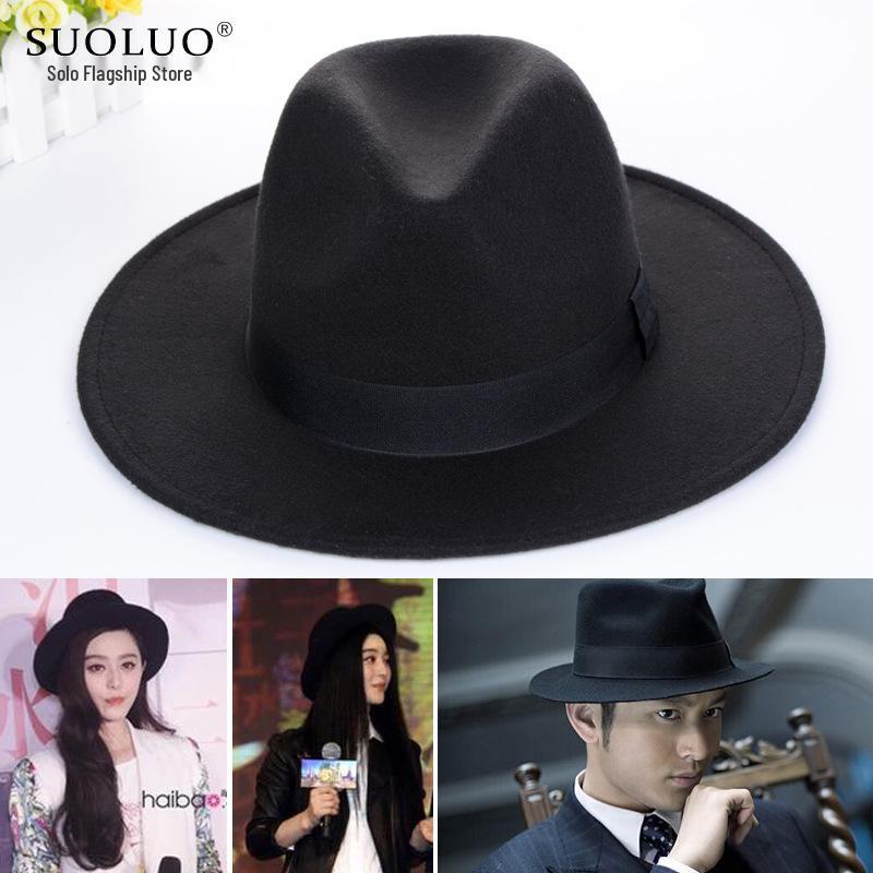 Shanghai Beach Fedora mit breiter Krempe: Schwarzer Wollfilzhut für Männer & Frauen - Vintage-Stil, Perfekt für Bühne & besondere Anlässe