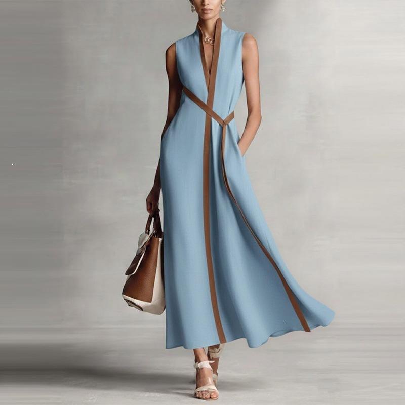 women s Color Block V Neck Maxi Dress Sleeveless Elegant Wrap Waist Long Dress with Pockets S синий