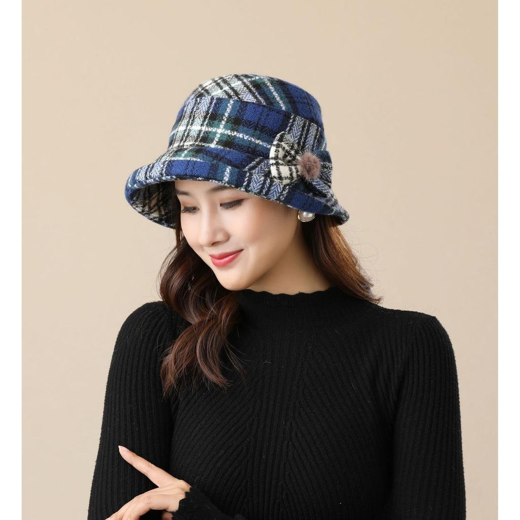 British Plaid Crimped Bucket Hat Women's Autumn and Winter Versatile Hat Women's Small Edge Basin Hat