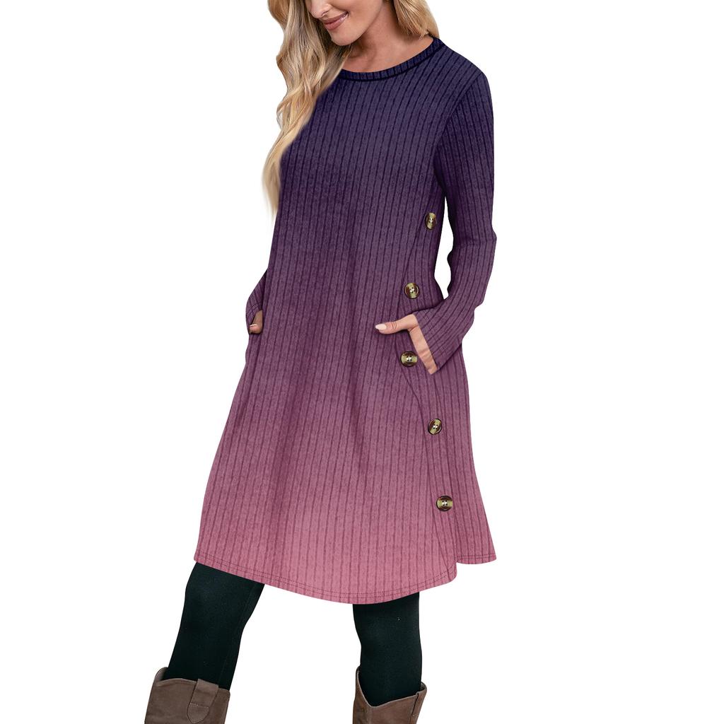 Women's Fashion Casual Long SleeveTunic Dress With Pockets Side Button Dress