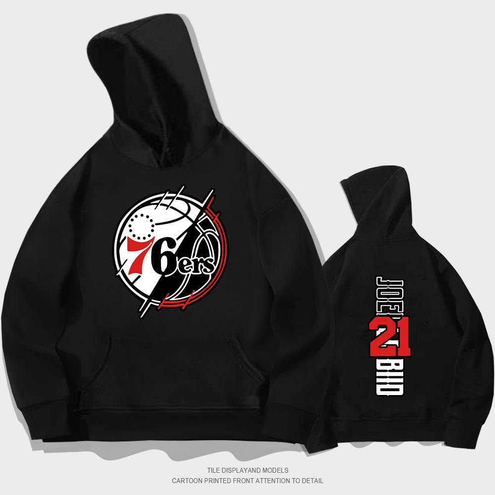 76Ers No. 21 basketball sports long-sleeved hooded sweater men s and women s trendy spring and autumn clothing student loose training clothing XXS