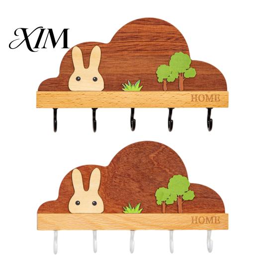 Wall Hooks for Leashes Solid Wood Key Holder with 5 Hooks, Decorative Mounted Adhesive Rack, Space Saving Organizer Entryway Kitchen And Office