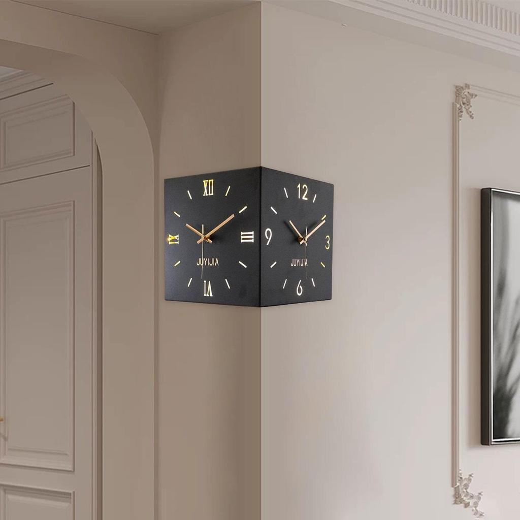 Corner Clock Iron Double Sided Corner Wall Clock With Light For Dining Room Living Room Office Construction Modern Silent Moveme