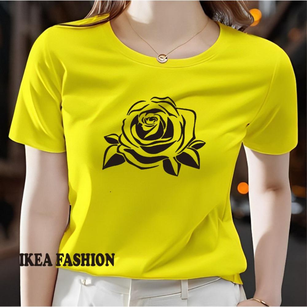 Ladies' Rose Printed T-shirt - Lightweight Polyester Short Sleeve Round Neck Top Machine Washable Spring, Summer, Autumn Casual Shirt