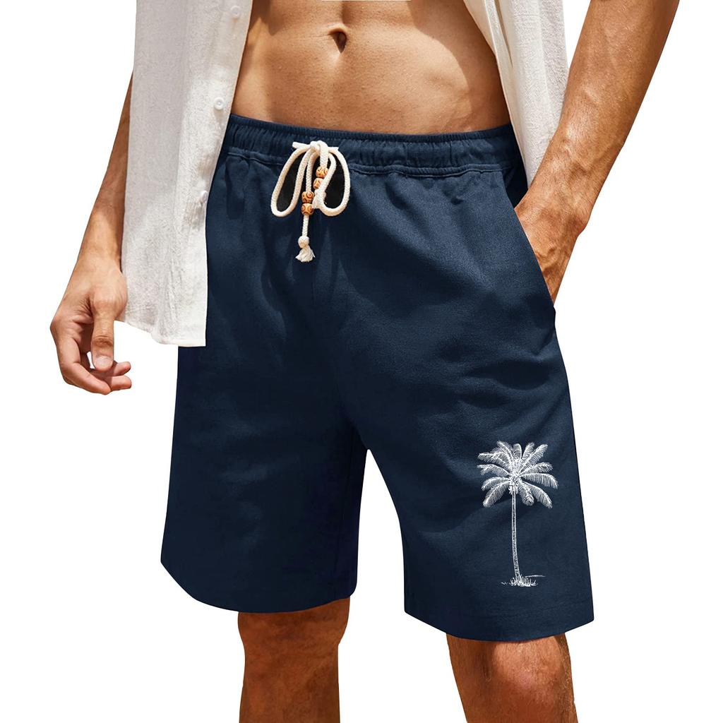Herrtryck Bomull Linne Casual Shorts Herr Mode Badshorts