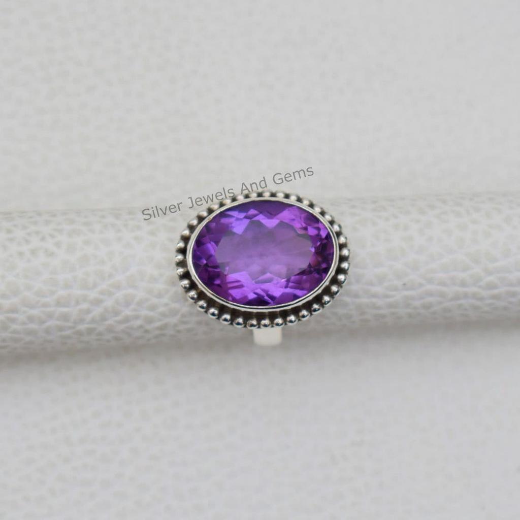 Ovaler Amethystring, Natursteinring, 925er Sterlingsilberring, Ehering, Designring, Februar-Geburtsstein, Boho-Ring, Handgefertigter Ring