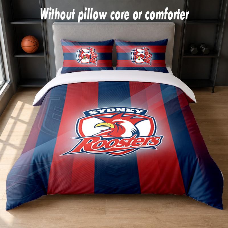 Sydney Roosters Design Bett Bettwäsche Set 1 Bettbezug + 2 Kissenbezüge Weich Atmungsaktiv Haushalt Bettwäsche