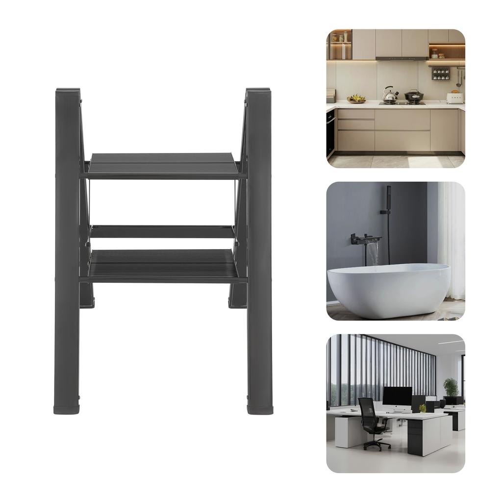 Black Aluminum Alloy Folding 2-Step Ladder, A-shaped Foldable Step Ladder Floorstanding 45*52cm Load 300kg for Balconies