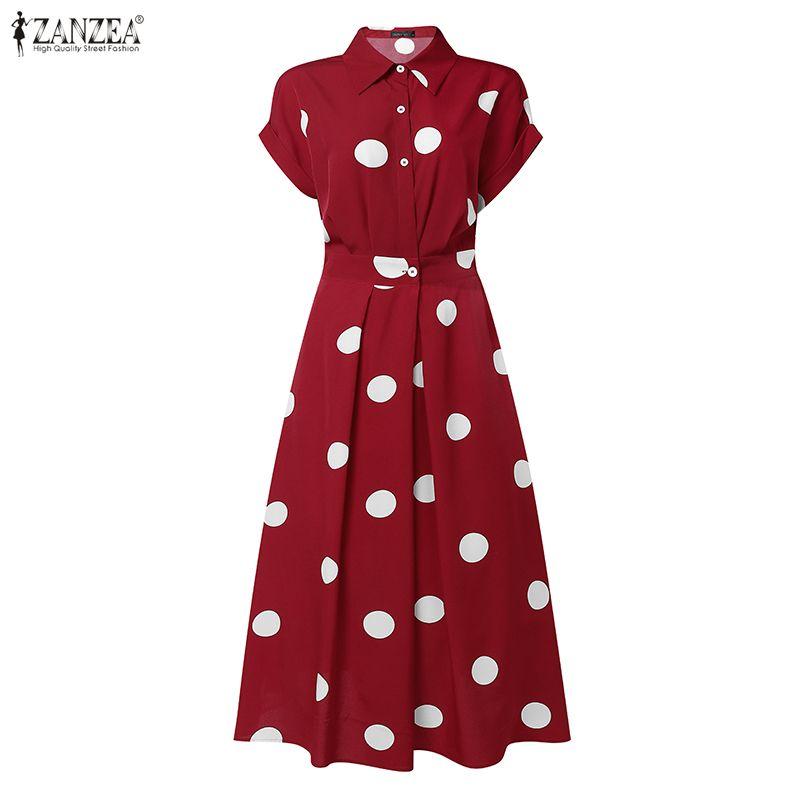 ZANZEA Womens Casual Turn Down Collar Polka Dot Print Short Sleeve Dress