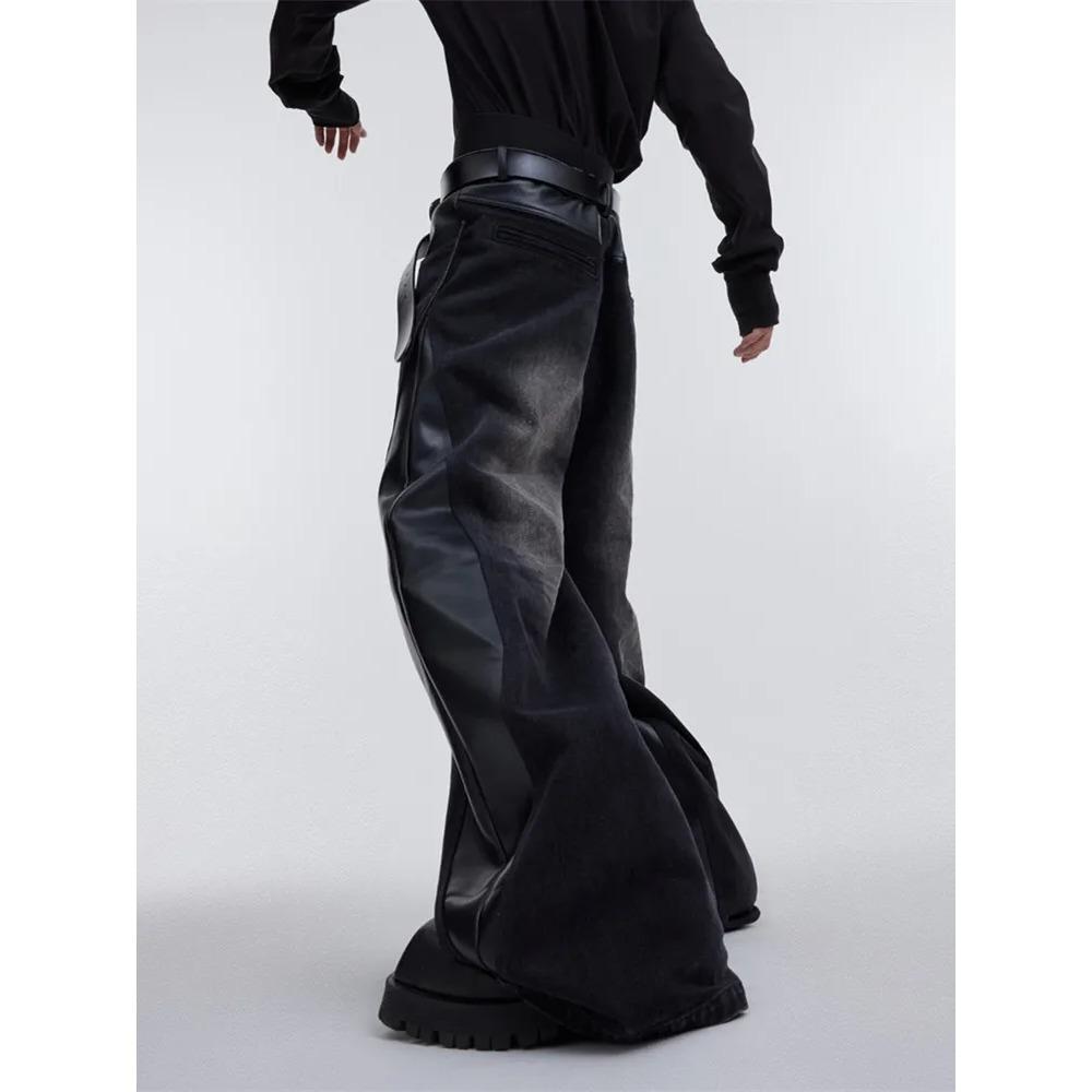 ZYLLO Y2K Streetwear Red Pu Leather Patchwork Baggy Jeans Pants For Men Designer Clothes Wide Leg Loose Denim Trousers