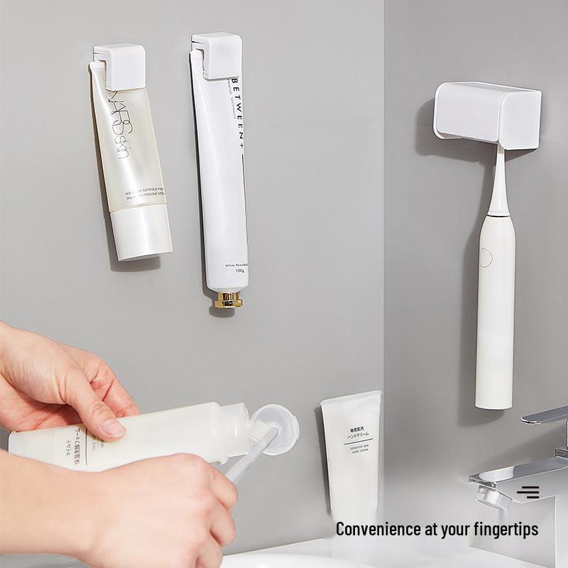 Punch-Free Wall-Mounted Toothbrush and Toothpaste Holder - Multifunctional Bathroom Organizer In White