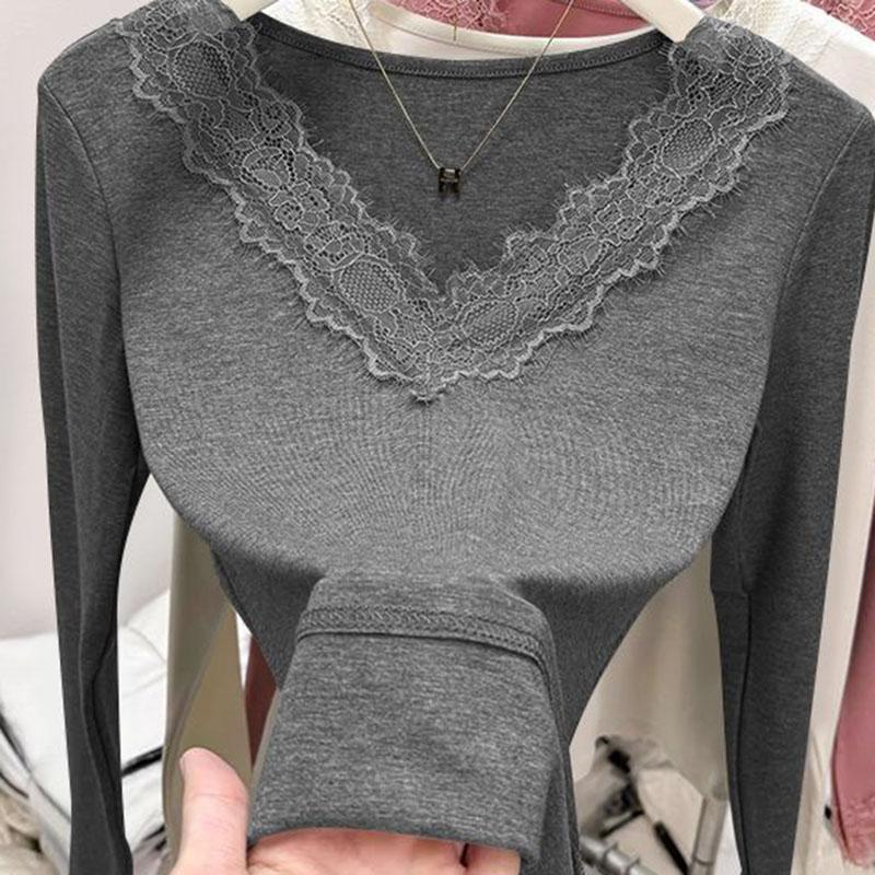 Tops for Women Pullover Long Sleeve V-neck  Autumn Winter Warm Slim Thickened Lace Top