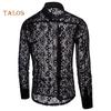 Men Sexy Long Sleeve Solid Color Lace See Through Clubwear Buttons Down Shirt