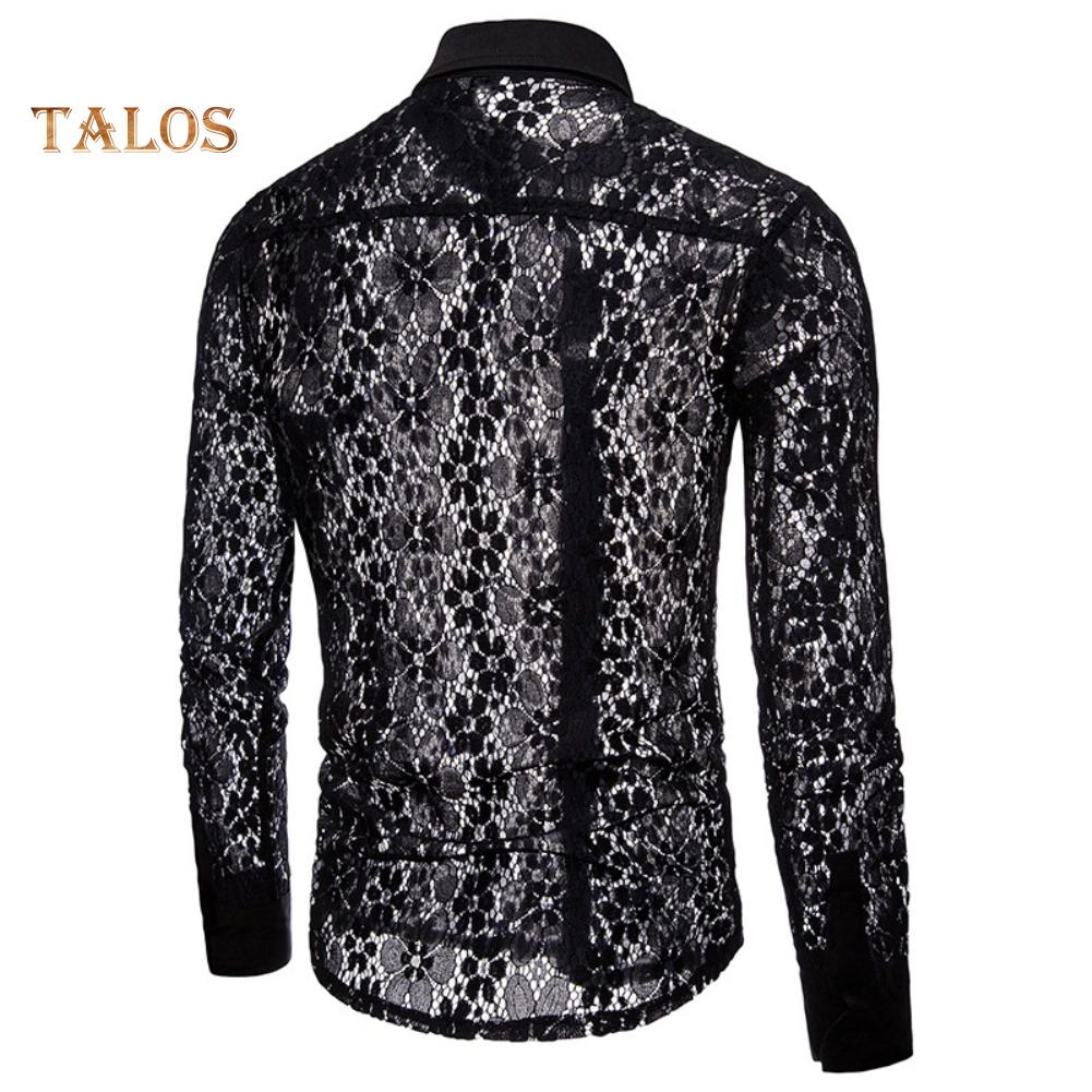 Men Sexy Long Sleeve Solid Color Lace See Through Clubwear Buttons Down Shirt