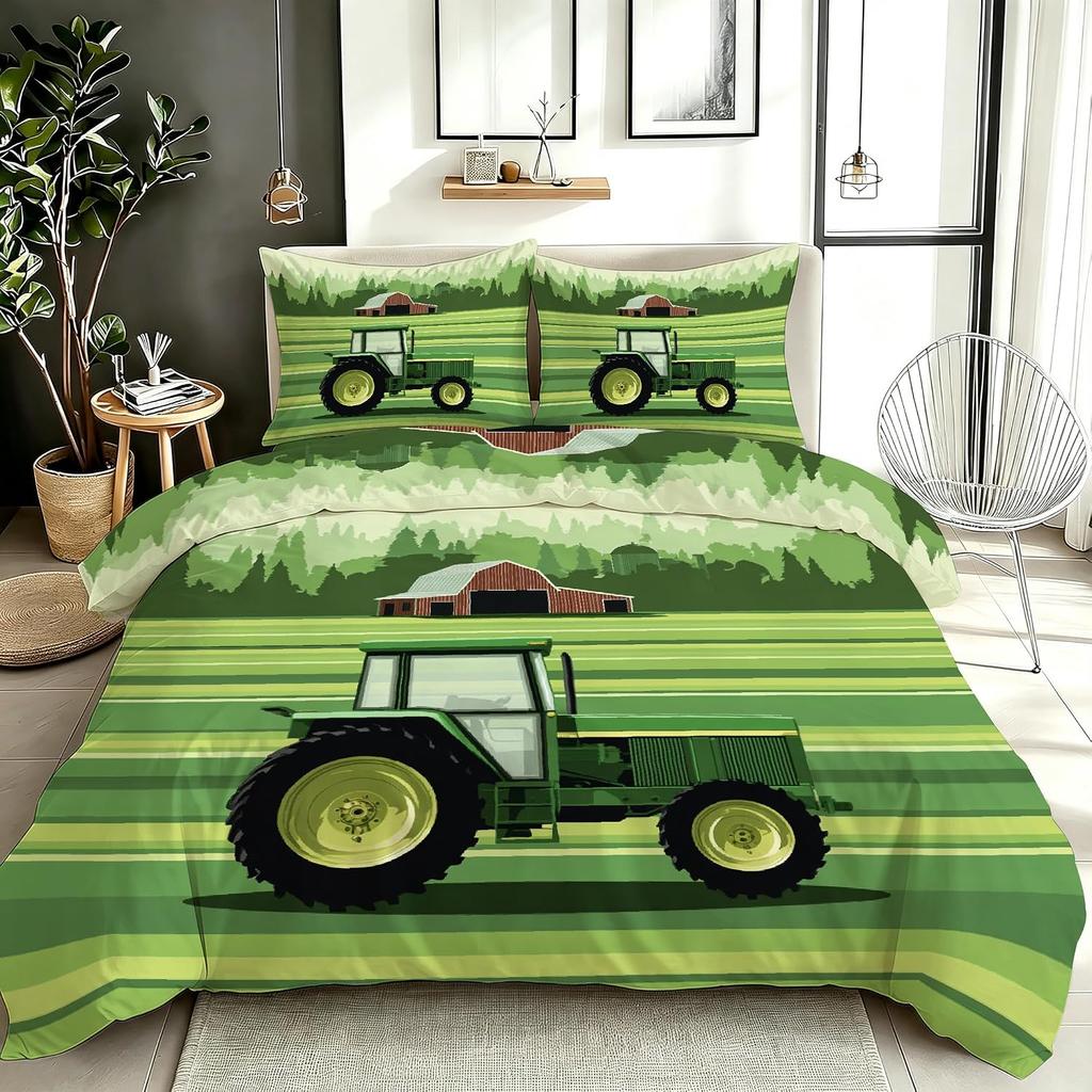 Children's Duvet Cover Set,Cartoon Print Bedding Set,Geometric Vehicles Tractor Duvet Cover with Pillowcase for Boys and Girls