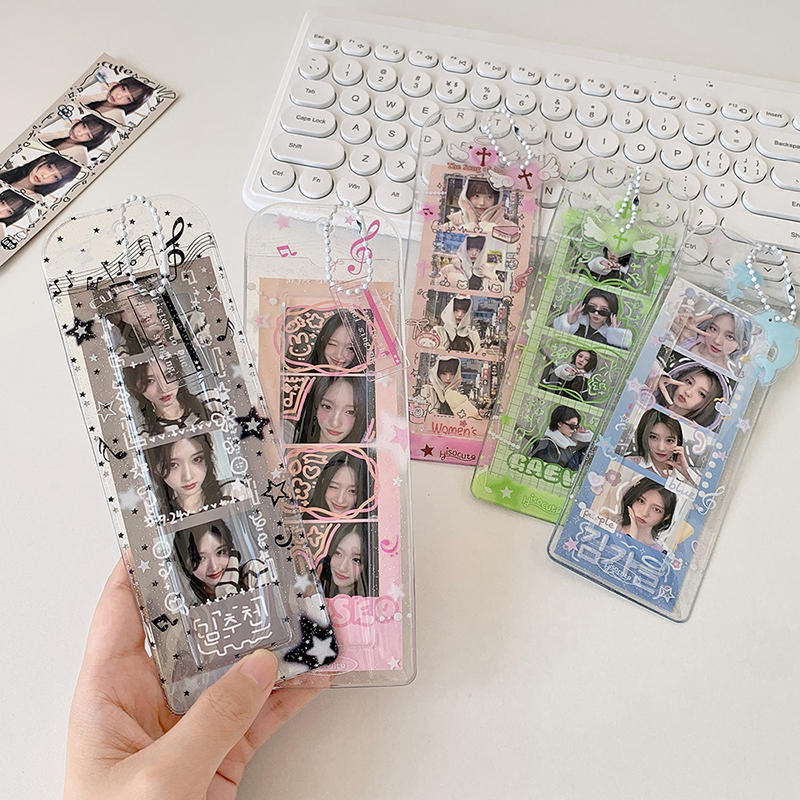 Girls Transparent Glitter Photo Card Holder Student Cartoon Star Design Long Style Photo Booth Strip Display Sleeves