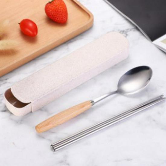 Stainless Steel Cutlery Set with Wooden Handles - Includes Chopsticks, Fork & Spoon for Students and Outdoor Travel.