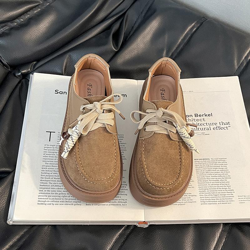 Retro British Style Small Leather Shoes Women's Fashion Big Head Single Shoes Design Sense Brown Loafers Platform Heightening Casual Shoes