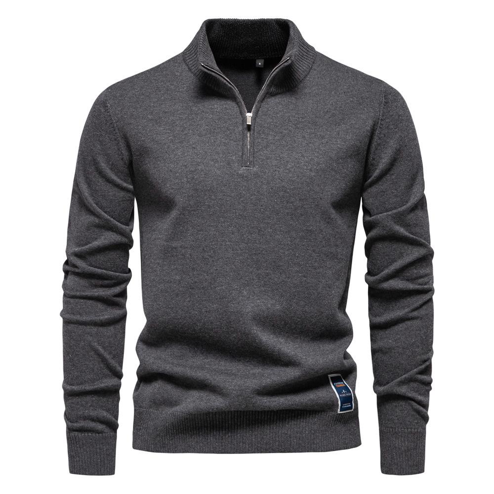 2024 Men's Pure Cotton Stand Collar Zipper Sweater - Half-Slim Solid Color Knitwear