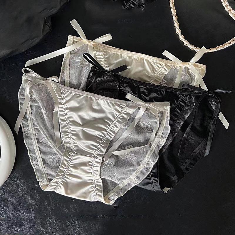 Silk Satin Lace Bow Mesh Women's Semi-Sheer Hip-Wrap Briefs