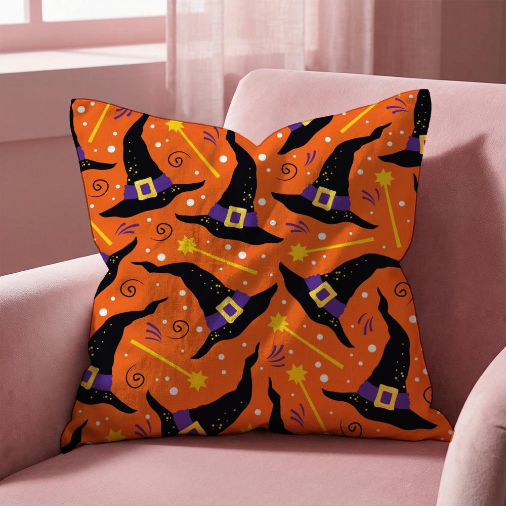Halloween witch hat skull Cushion Cover Multi-Scene Pillow Cover for Home & Car - Reversible, Soft & Durable for Daily Use