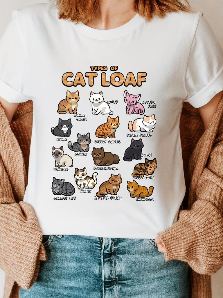 Women's Cat Print Crew Neck Short Sleeve T-Shirt for Summer and Spring Casual Tops  Shirt Tops Camisetas Mujer