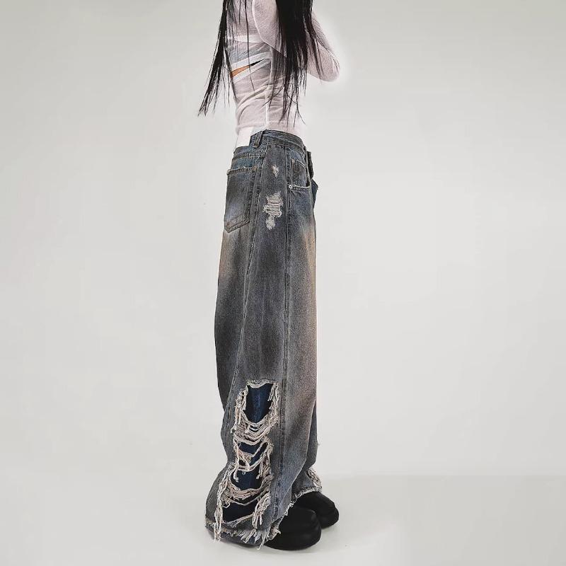 Trendy Korean Tassel Ripped Jeans: Washed, Punk Style, Straight-Leg, Draping Long Pants for Teenagers