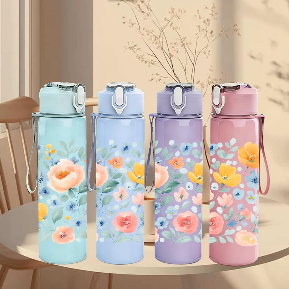 1PC Light Tone Pastel Floral Pattern Print 750ml Color Plastic Sports Water Bottle Leakproof Flip Straw Lid Suitable for Sports Office Home Use